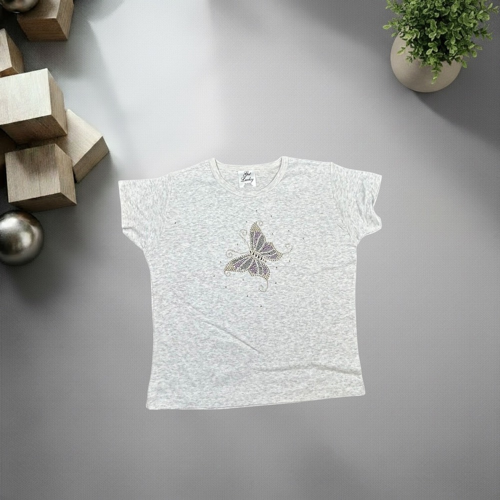Vintage Get Lucky Rhinestone Butterfly T-Shirt Grey Y2K Skater Boxy Fit Large